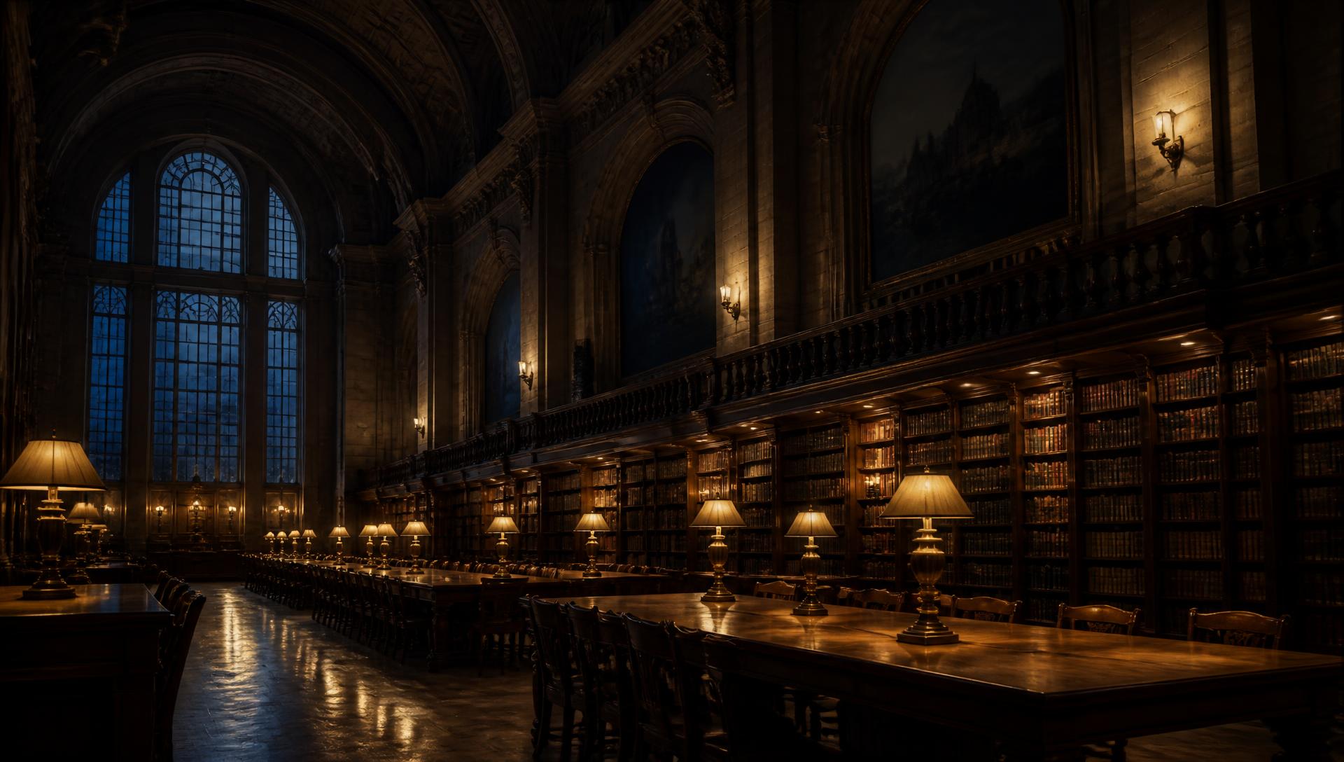 A vaulted university reading room at dusk